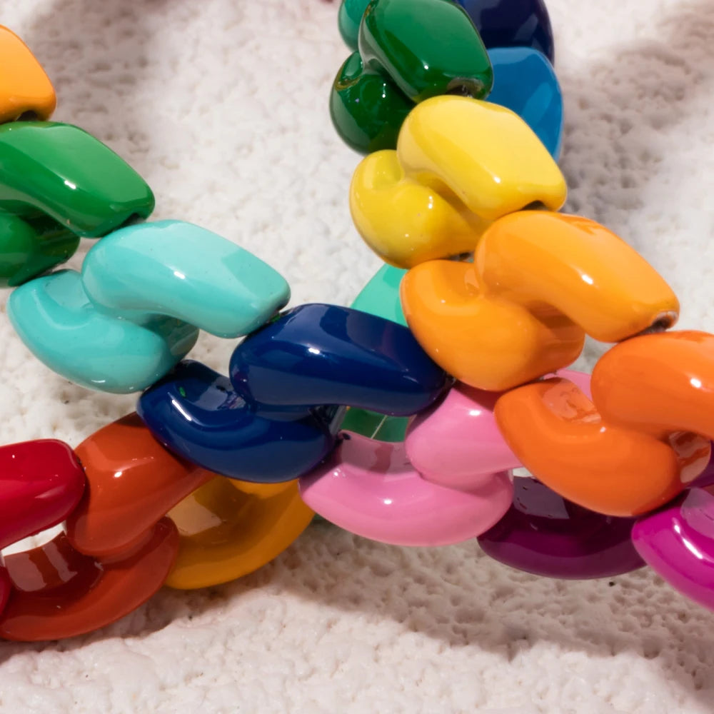 Rainbow Color Link Chain Shape Enamel Bracelets For Women Boho Beaded Bangle Accessory