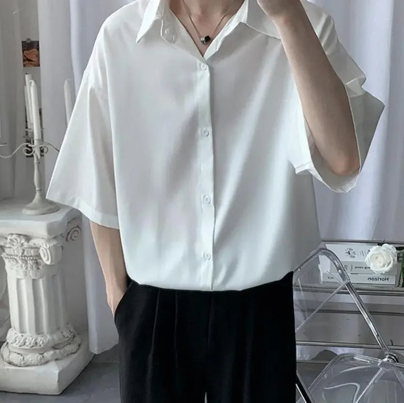 Clothes Short Sleeve Black Male Top Plain Men's Shirt And Blouse With Collar Korean Style Xxl Luxury Summer Original Silk Luxury