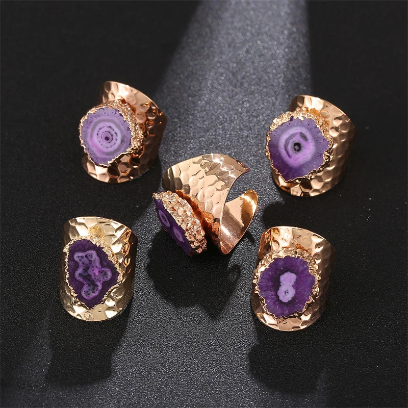 Boho Irregular Natural Stone Agate Slices Sunflower Wide Open Ring for Women Gold Plated Resizable Finger Jewelry