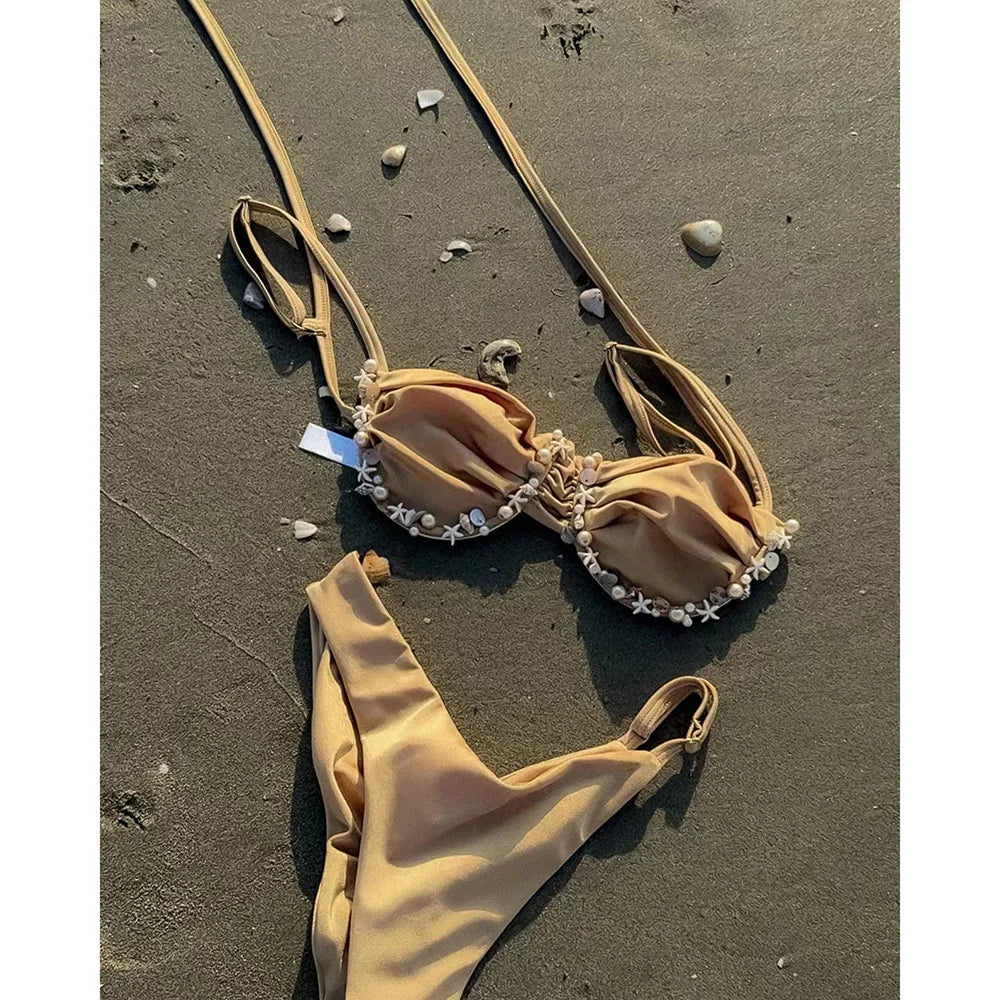 Push Up Bikinis 2025 Swimsuit Women Swimwear Sexy Bikini Set Solid Biquini Bathing Suit Shell Swimming Suit Beachwear Female