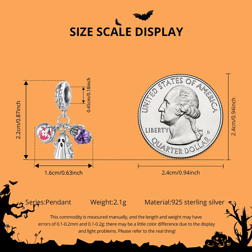 BISAER 925 Sterling Silver Halloween Skull & Pumpkin Charm Bead Pumpkin Cat Magic Crystal Pendant for Women DIY Bracelet Jewelry
