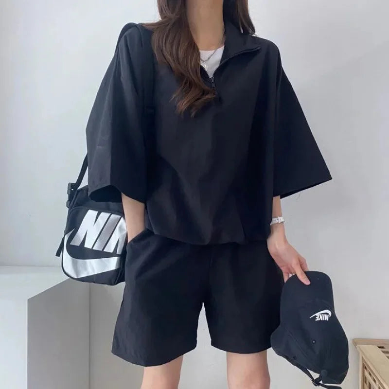 Korean Style Women's Summer Casual Sports Sun Protection Suit Two-Piece Set Workwear Jacket Shorts Polyester Fiber