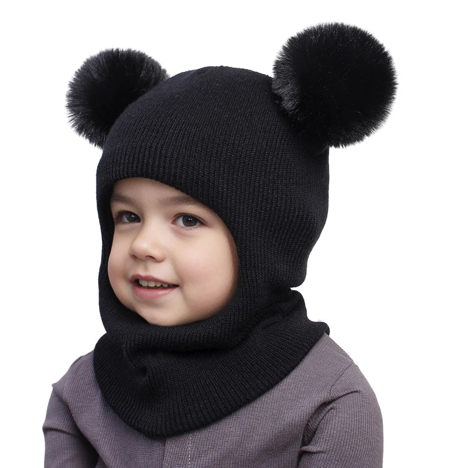 Kids Autumn Winter Pullover Hat Children's Double Ball Ear Protection One-piece Hats Baby Yarn Knit Cap Balaclava Christmas Gift