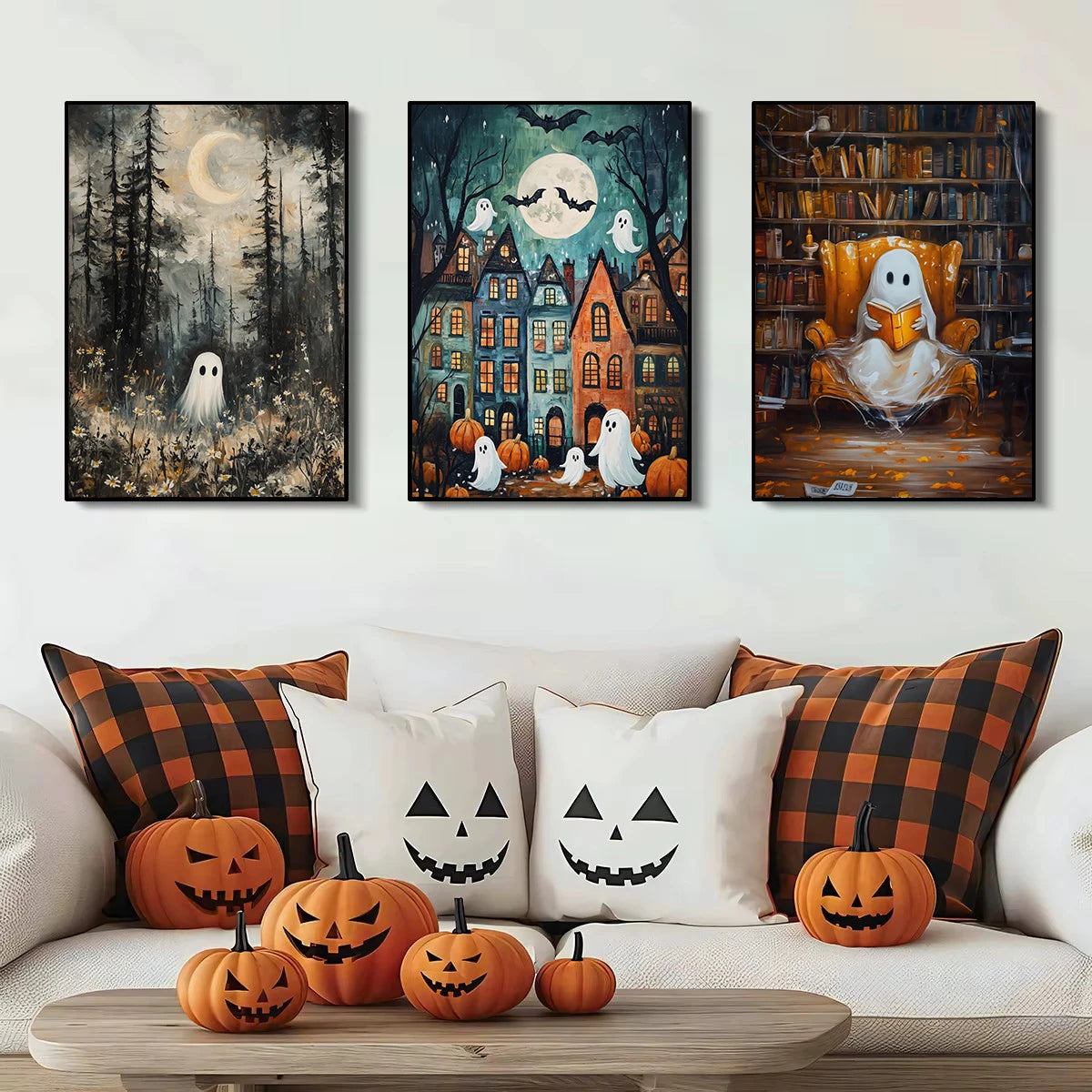 Spooky Halloween Town Folk Magical Forest Ghost Pumpkin Illustration Poster Canvas Painting Wall Pictures Holiday Home Decor