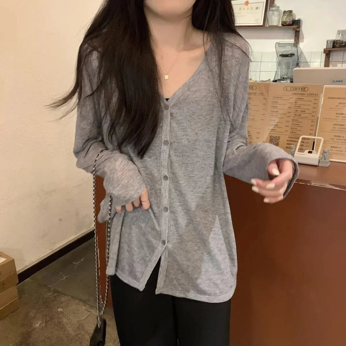 Solid V-neck Shirt Women Spring Single Breasted Chiffon Loose Slim All-match Sun Protection Thin Breathable Fashion Slim Cozy