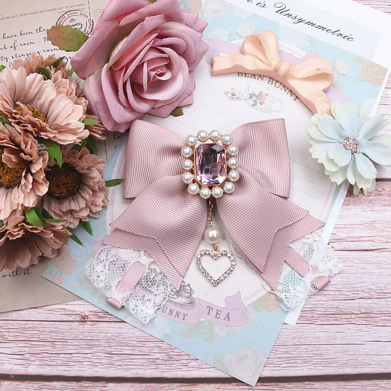 Japanese Sweet Cute Handmade Rhinestone Bow Hairpin Pearl Lace Hairclips Lolita Women Girls Side Clip Bag Pendant Handbag Charms