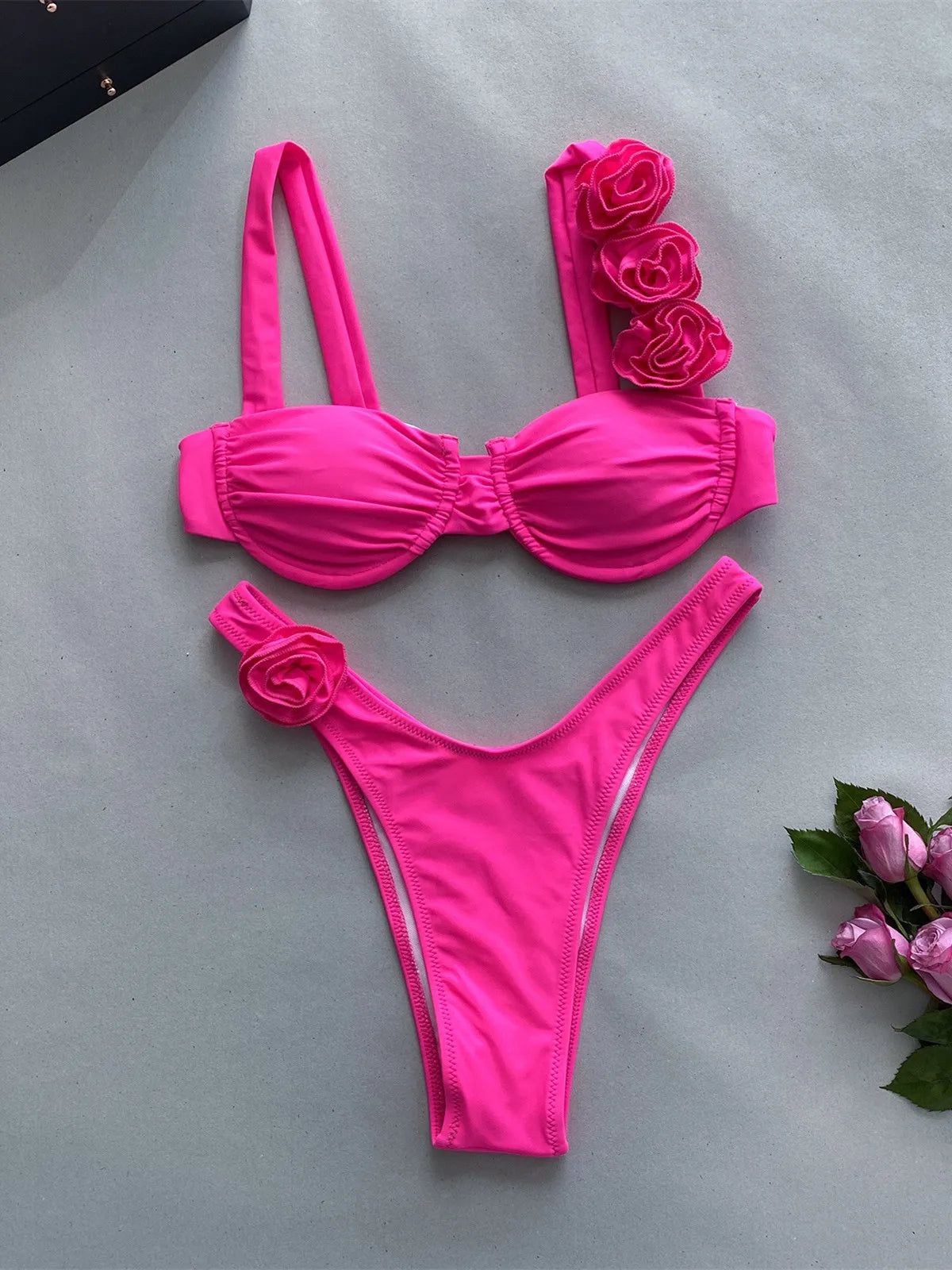 Push Up Bikinis 2024 Sexy Black 3D Flower Designer Bikini Sets Underwire Swimsuit Women Brazilian Bathing Suit Thong Swimwear