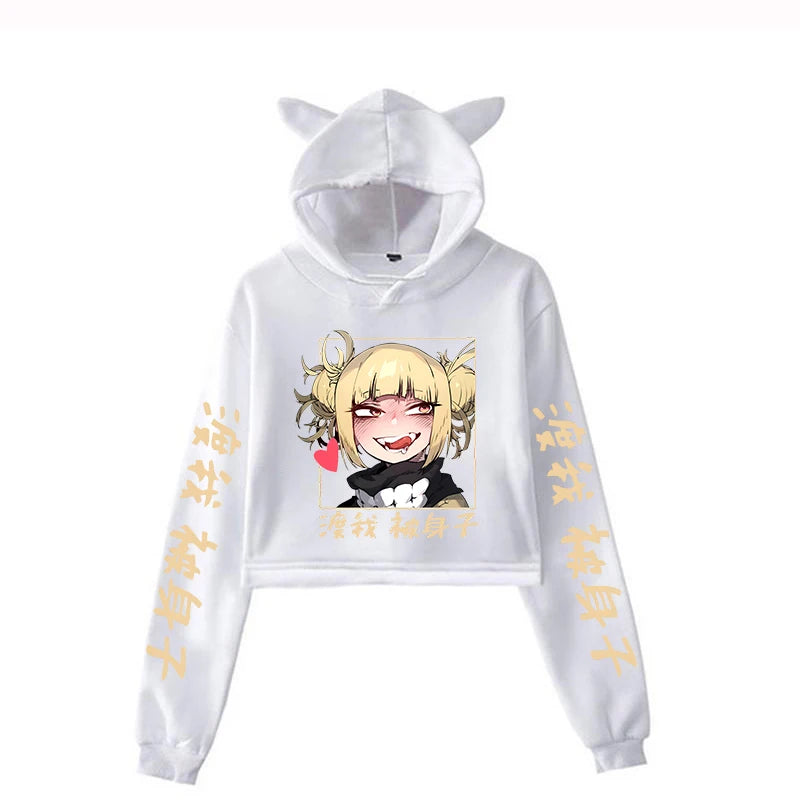 New Anime Hoodie Womens Girls Cat Ear Sweatshirts Hip Hop Short Hooded Pullover Crop Top Himiko Toga Printing Cat Ear Hoodies
