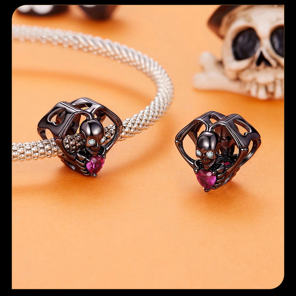 BISAER 925 Sterling Silver Halloween Skull & Pumpkin Charm Bead Pumpkin Cat Magic Crystal Pendant for Women DIY Bracelet Jewelry