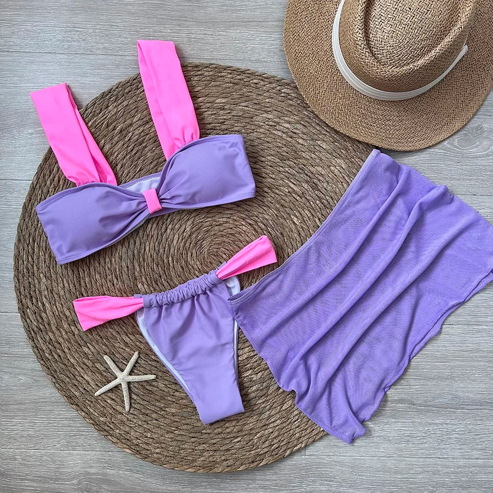 3 Pieces Bikini Set Wiht Mini Skirt Women Swimwear 2024 Sexy Bikinis Push Up Beachwear Solid Bodysuit Micro Thong Biquini Female