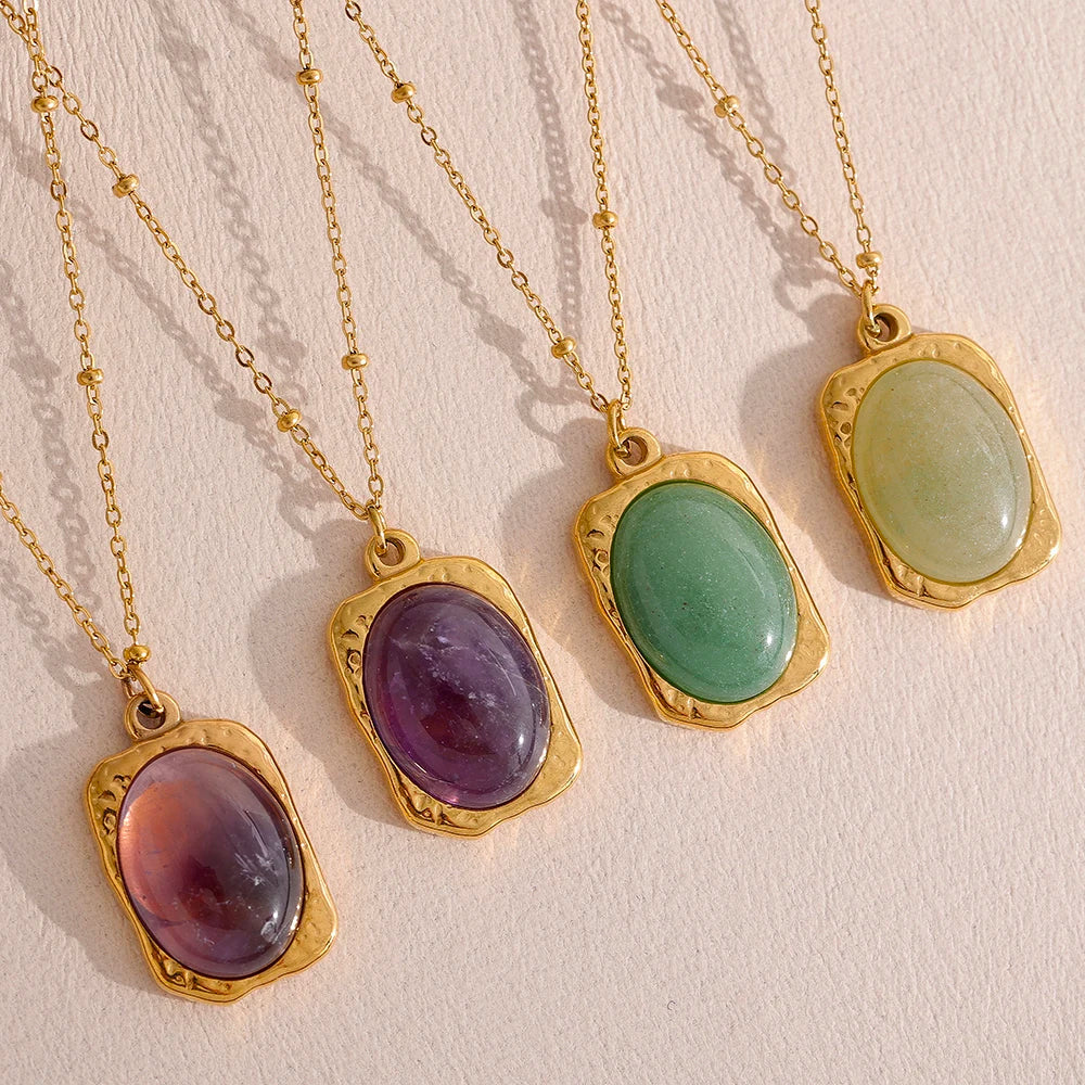 Yhpup Natural Stone Square Pendant Stainless Steel Necklace Amethyst Green Aventurine Charm Fashion Collar Jewelry  Women