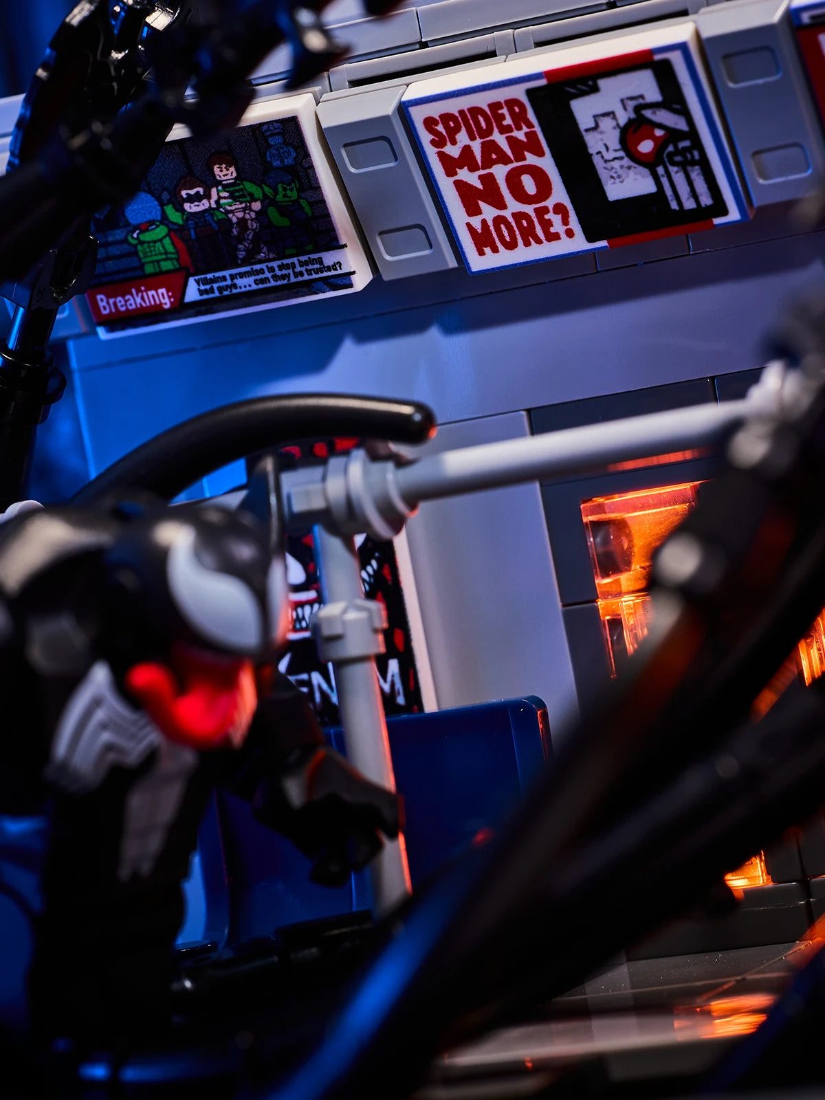 MOC scene: Marvel Venom vs. Spider-Man in the subway. Spider-Man's assembled toy bricks. Christmas gift for a boy and a girl.