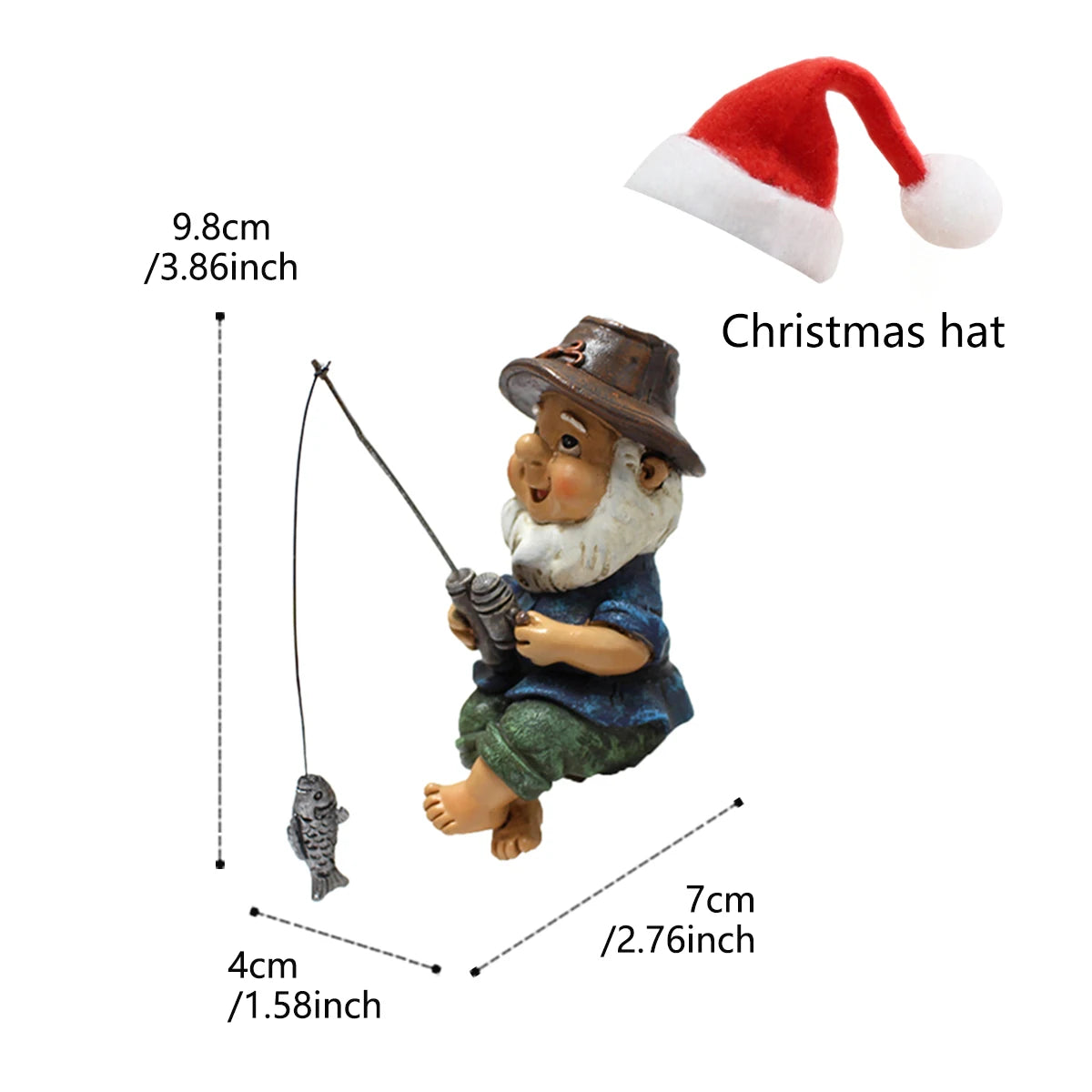 1 Christmas fishing dwarf, creative Christmas home decoration, fun Christmas hat dwarf, Christmas gift, resin crafts