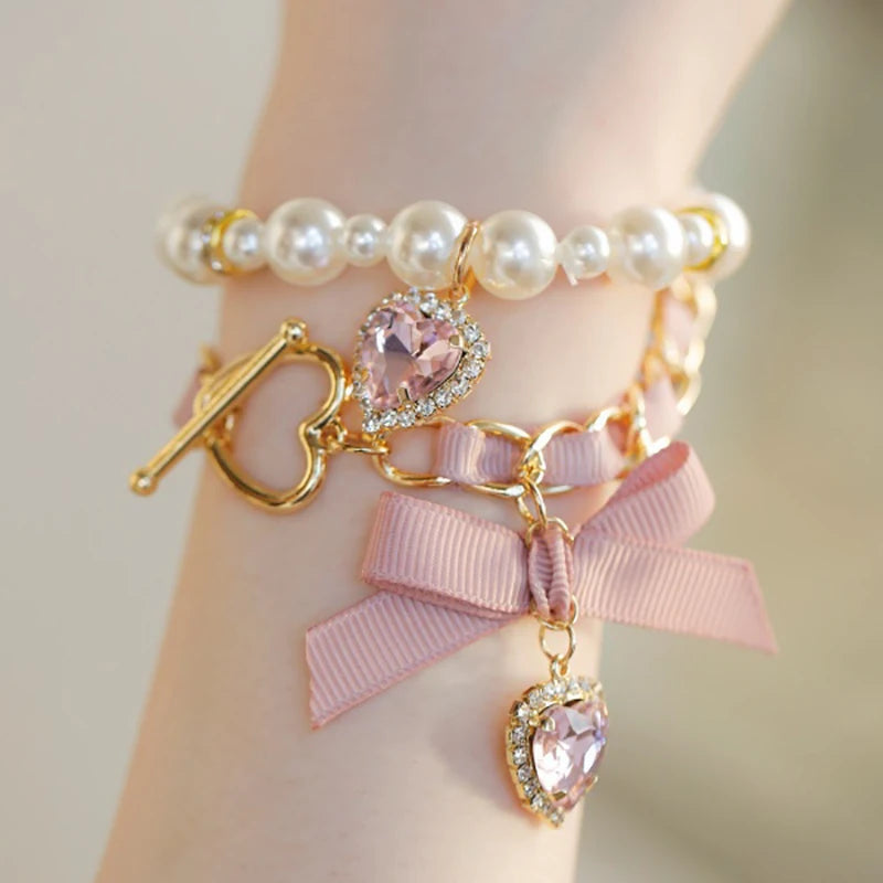 Lolita Bracelet Accessories Sweet Girl Rhinestone Heart Bow Kawaii Girl Two-Piece Pearls Bracelets Japanese Bowknot Ornament