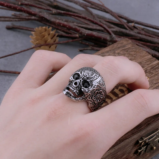 Stainless Steel Retro Flower Skull Ring Men's Gothic Hip Hop Fashion Biker Ring Men's Jewelry Gift Wooden Box Dropshipping