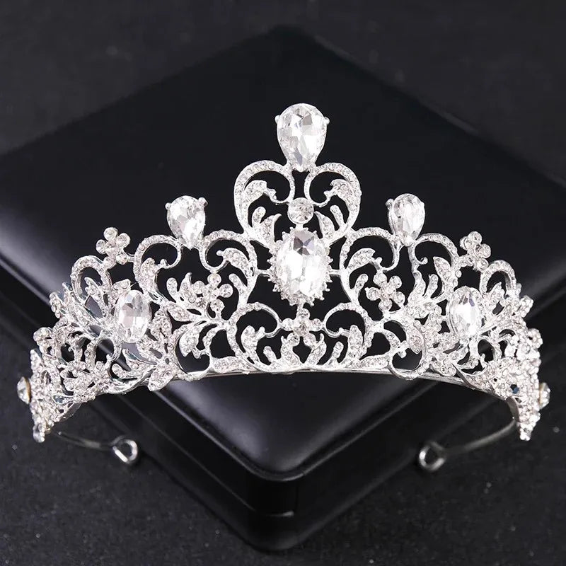 Luxury Silver Color Crystal Pearls Bridal Tiaras Crown Baroque Rhinestone Pageant Diadem Bride Headband Wedding Hair Accessories