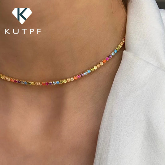 2.5/3mm Round Rainbow Tennis Necklace Bracelet for Women S925 Silver Colorful High Carbon Diamond Clavicle Choker Fine Jewelry
