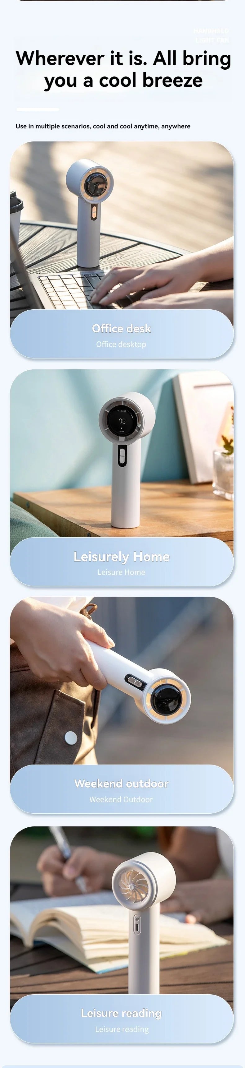 2pcs USB Rechargeable Handheld Fan - 100-Speed Turbo Cooling with LED, Portable Mini Fan for Outdoor, Camping & Office