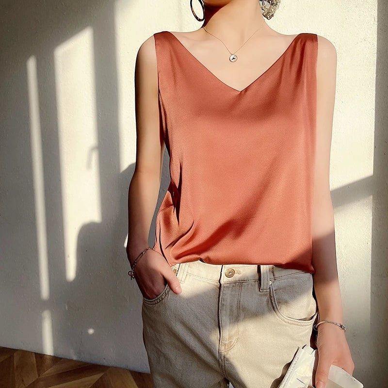 Women's New Four Seasons Inner Wear Silk Suspenders 2022 V-Neck Solid All-Match Satin Vest Soft Loose Thin Lady Sleeveless Tops