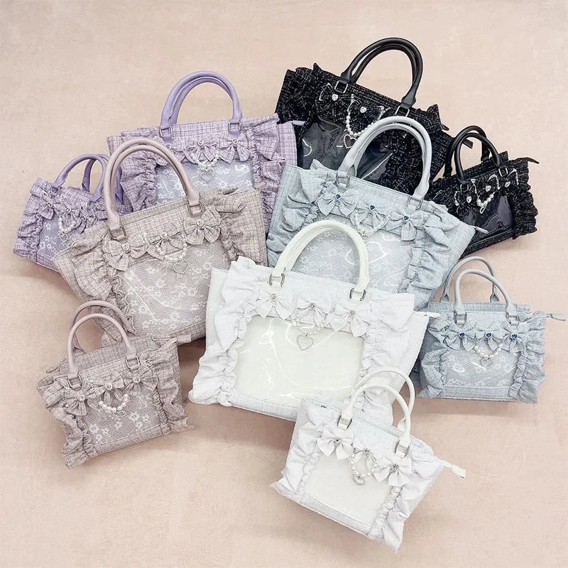 Japanese Style Mine Ita Bag Ruffled Lace Women Girls Rhienstone Pearl Bowknot Square Tote Shoulder Portable Bolso Handbags