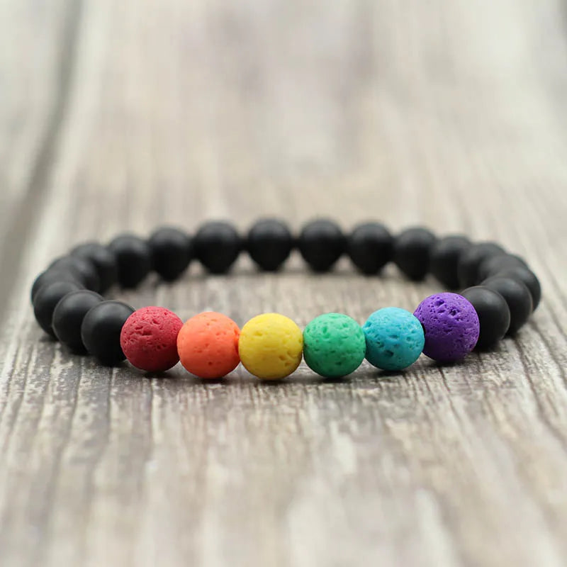 Colorful Lava Stone Bracelet Men Women 8mm Natural Onyx Tiger Eye Beaded Braclet Rainbow Friendship Brass Braslet