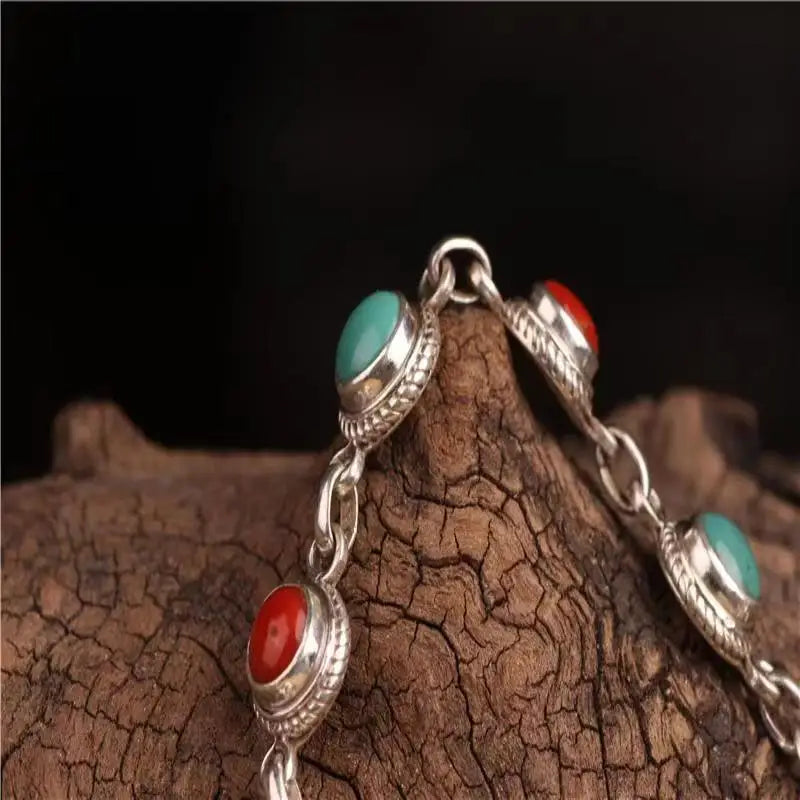 Creative retro ethnic style southern red tourmaline turquoise bangles silver 925 round bead charm bracelet for women jewelry