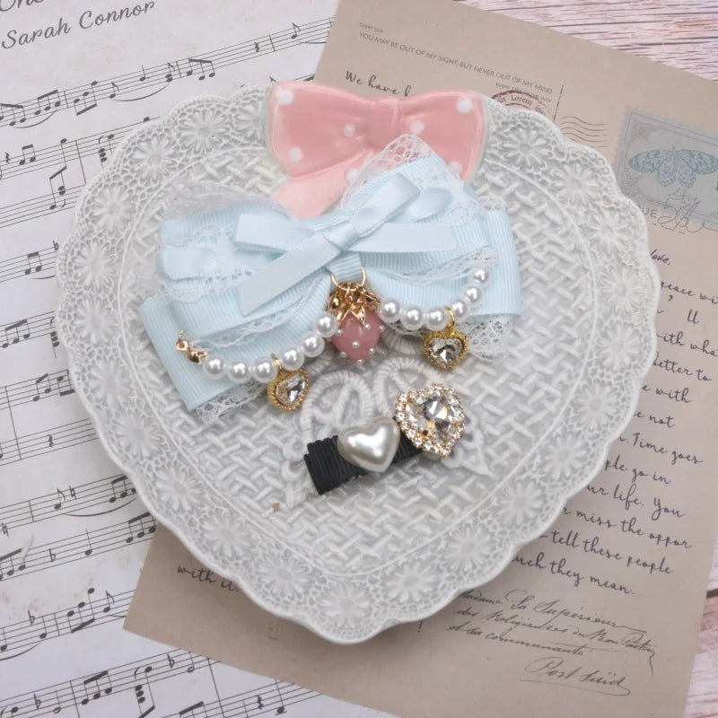 Larme Kei Lace Hair Clips Sweet Girl's Beaded Bow Heart Rhinestone Hair Bows Lolita Strawberry Hair Accessories Gift
