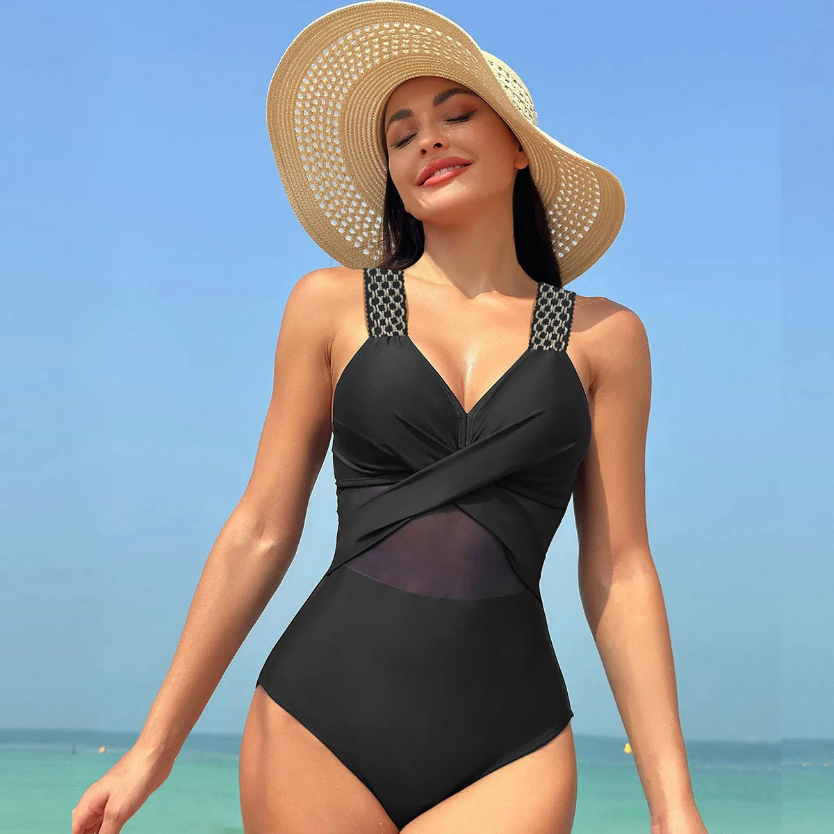 Sexy One Piece Swimsuit Women's Pure Color Mesh Bikini Swimsuit Summer New