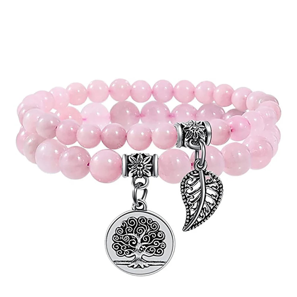 Natural Semi Precious Gemstone Beads Bracelet for Women Life Tree and Leaf Charm Energy Reiki Crystal Stretch Bracelets Jewelry