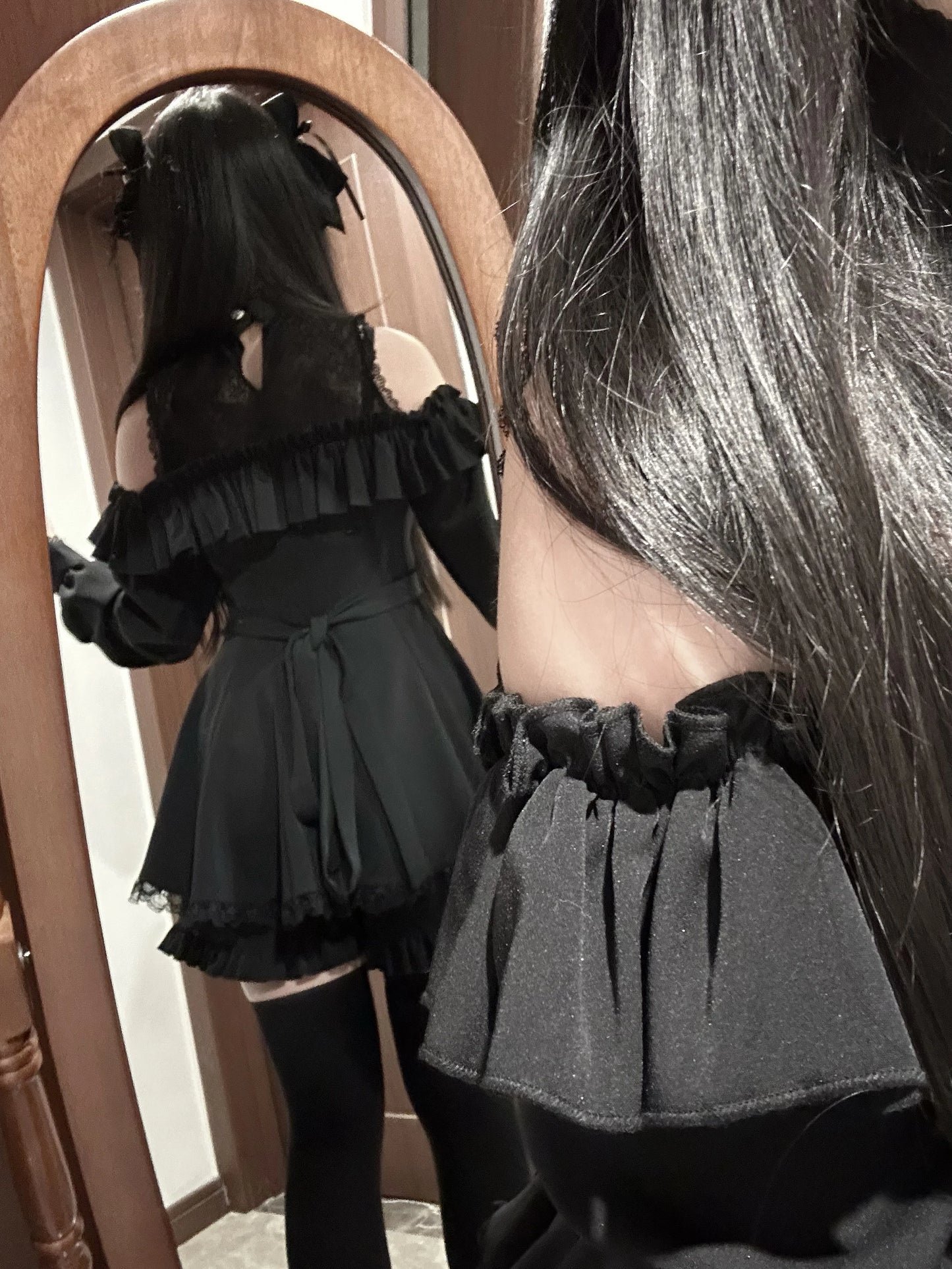 Japanese Mass-produced Off-the-shoulder Lace Splicing Long-sleeved Bow Shirt Dress and Shorts 2 Piece Dress Set Lolita Outfits