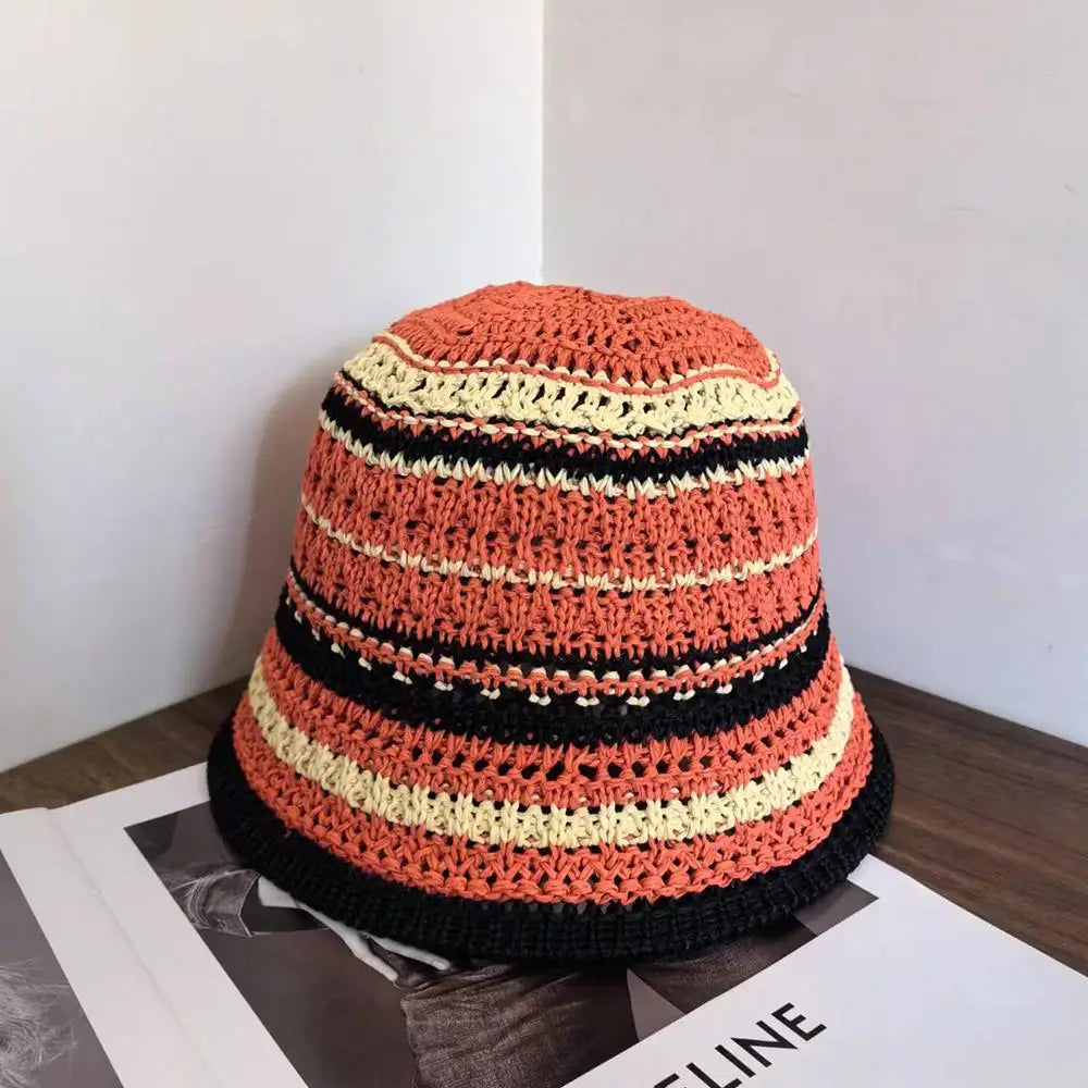 Summer Hollow Knitted Hollow Fisherman Caps Sun Protection Straw Bucket Hat Breathable Crochet Beach Cap Wide Brim Sun Hat