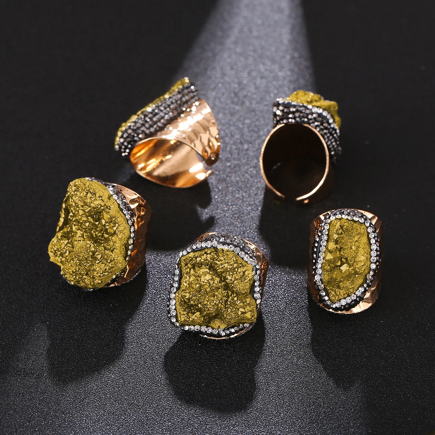 Irregular Micro Inlay Druzy Quartz Stone Open Ring for Women Gold Plated Boho Finger Jewelry Resizable