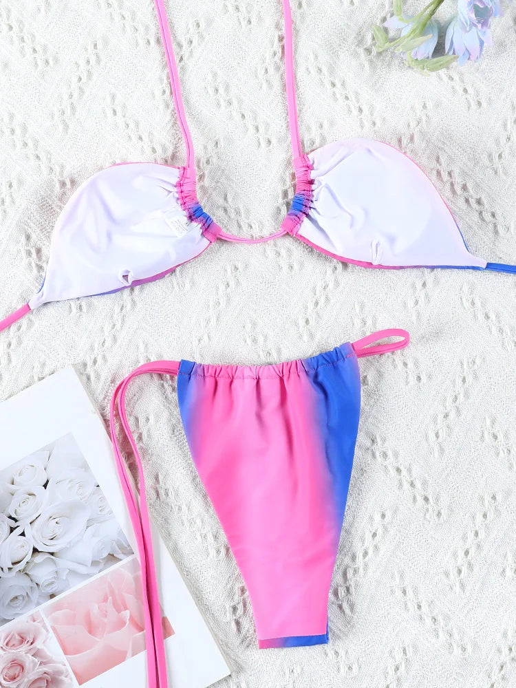 Print Bikini Set Tie Dye Bikinis Sexy Swimwear Women Block Color Adjust Bathing Suit High Quality Bandage Swimsuit Female