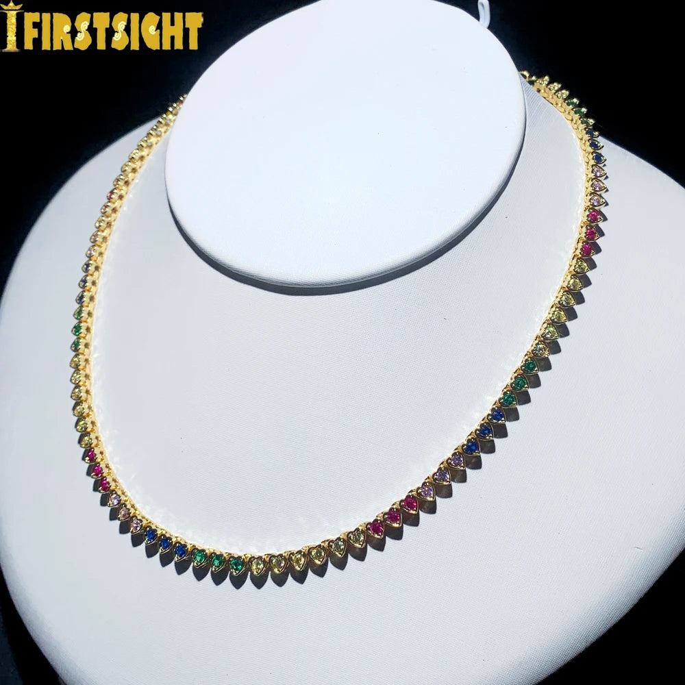 2024 New Rainbow CZ Heart Charm Necklace Gold Color Zircon Tennis Chain Asymmetric Hearts Choker Women Hip Hop Fashion Jewelry