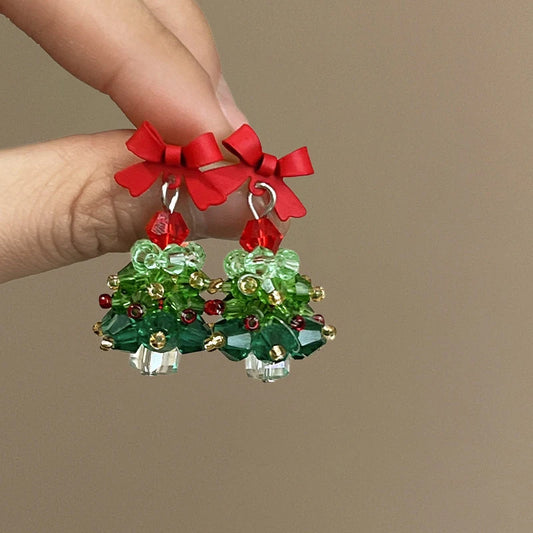Red Bow Christmas Tree Drop Earrings for Women Silver Plated Needle Girl Party Jewelry New Year Gift