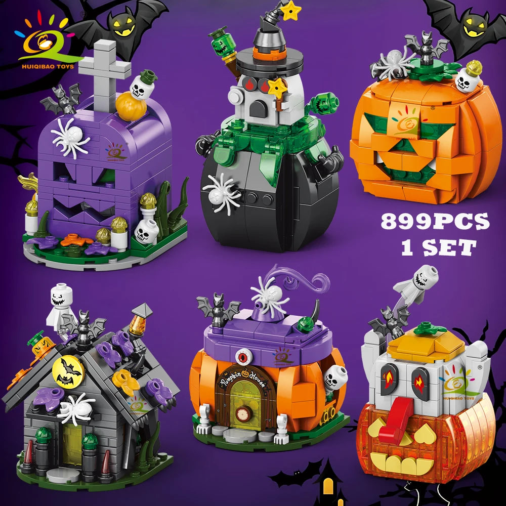 HUIQIBAO Halloween Wizard Cat Dog Ghosts Pumpkin Houses Model Building Block DIY Haunted House Bat Bricks Toys for Adult Gift