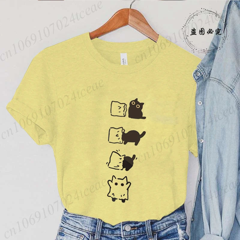 Boo Black Cat Print Women T-shirt Fashion Summer Tee Clothing Short Sleeve Harajuku Streetwear Casual Shirt Halloween Tee Tops