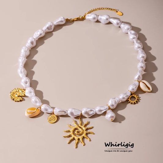 Summer Stainless Steel Gold Plated Sunshine Pendant Necklace for Women Sea Shell Chain Luxury Jewelry Gift