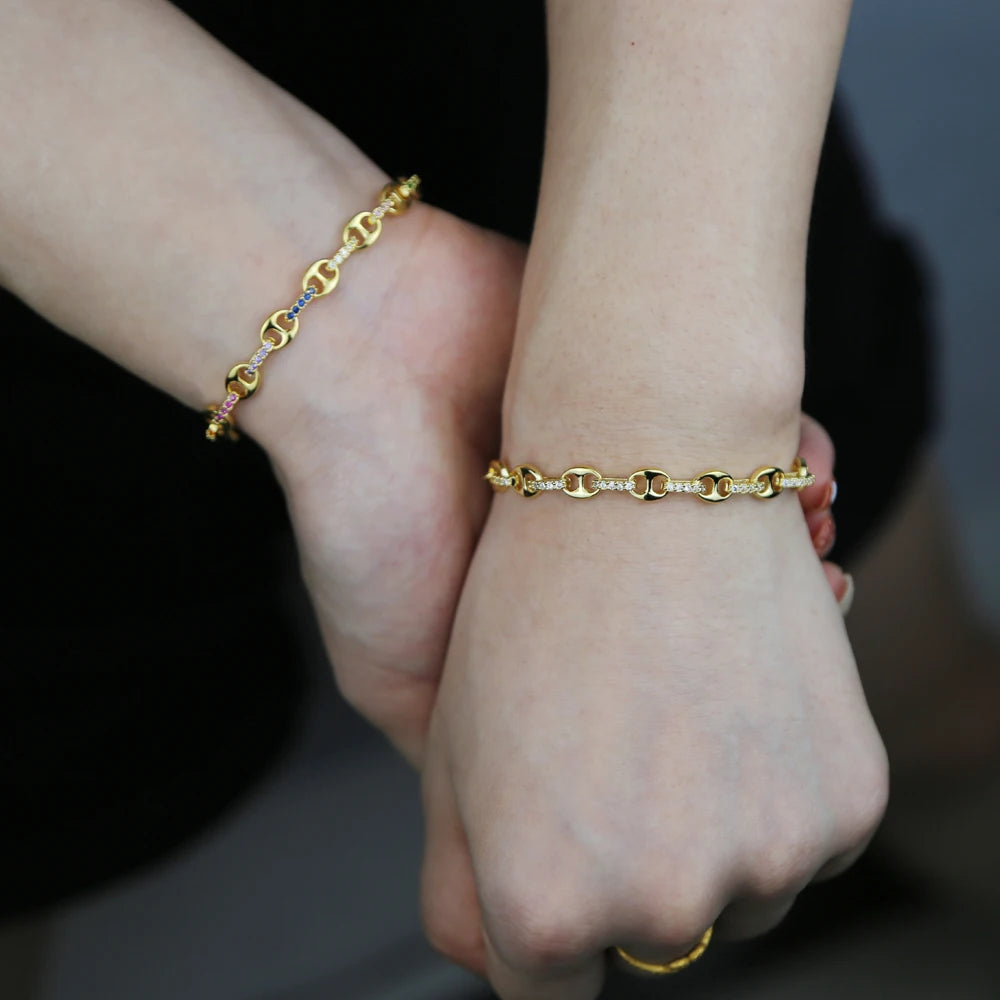 White Rainbow Cz Paved Link Cuban Chain Bracelet For Women Miami Boho Style Thick Gold Color Charm Bracelet Fashion Jewelry