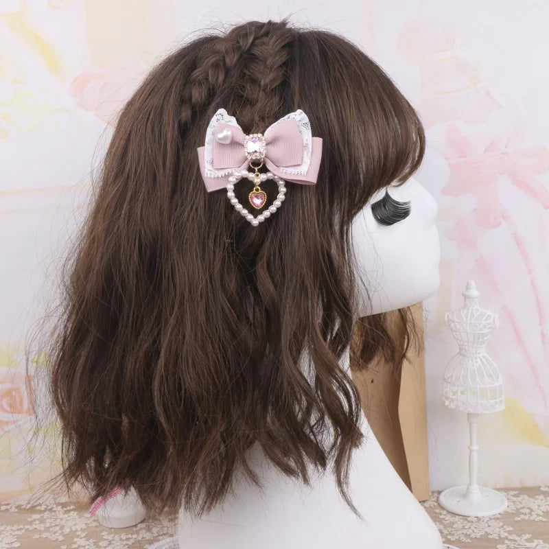 1 Pair Female Hair Clips Pearl Heart Side Clip Sweet Girl's Hairclips Lolita Hairpin Headdress Jiraikei Accessories