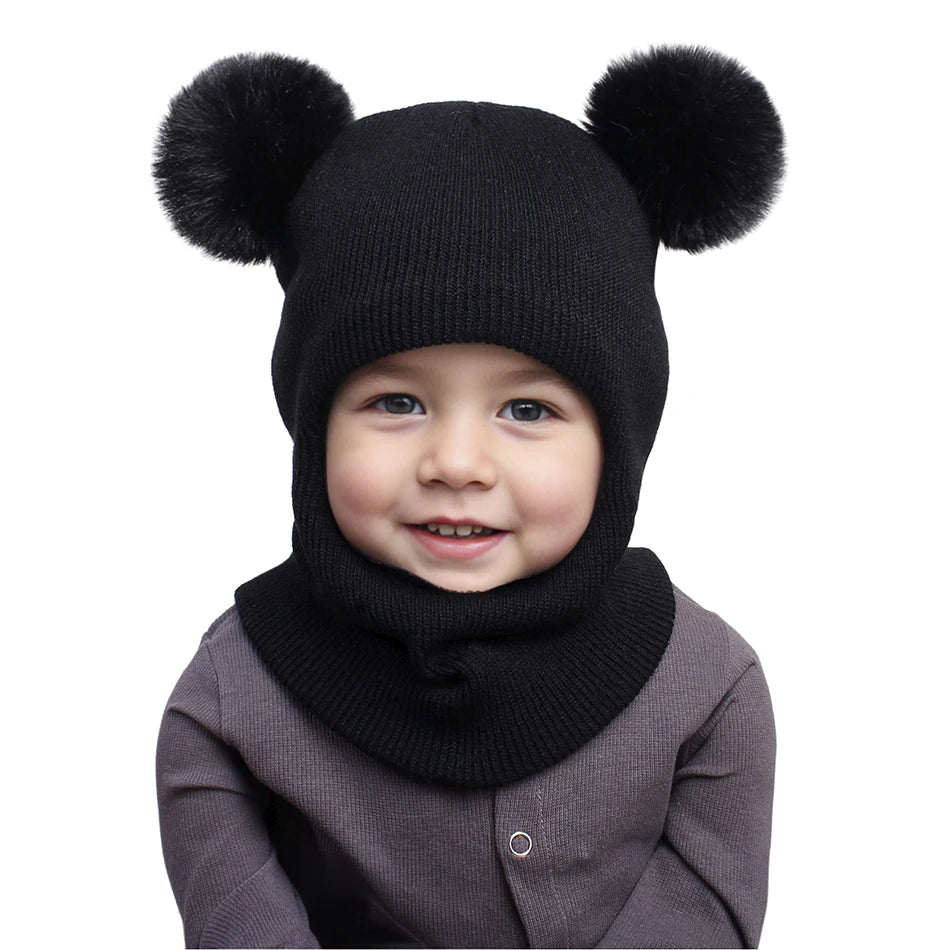 Kids Autumn Winter Pullover Hat Children's Double Ball Ear Protection One-piece Hats Baby Yarn Knit Cap Balaclava Christmas Gift