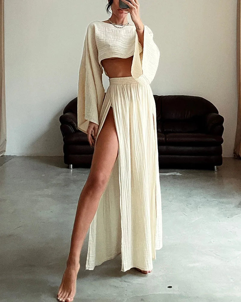 2 Pcs/Set Women Crop Top Skirt Sets Long Sleeve Top High Waist Split Skirts Suit Beach Bikini Coverup Lady Elegant Party Outfit