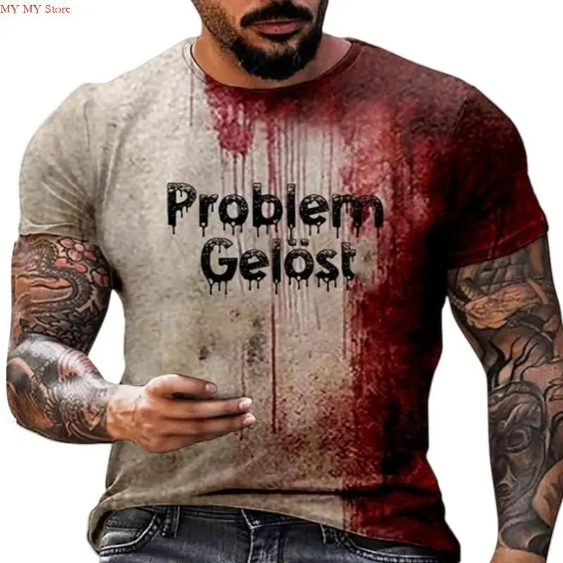 Men's Short Sleeve T-Shirt Digital Printed Design Problem Solved Letter Bloody Pattern Halloween Party Costume