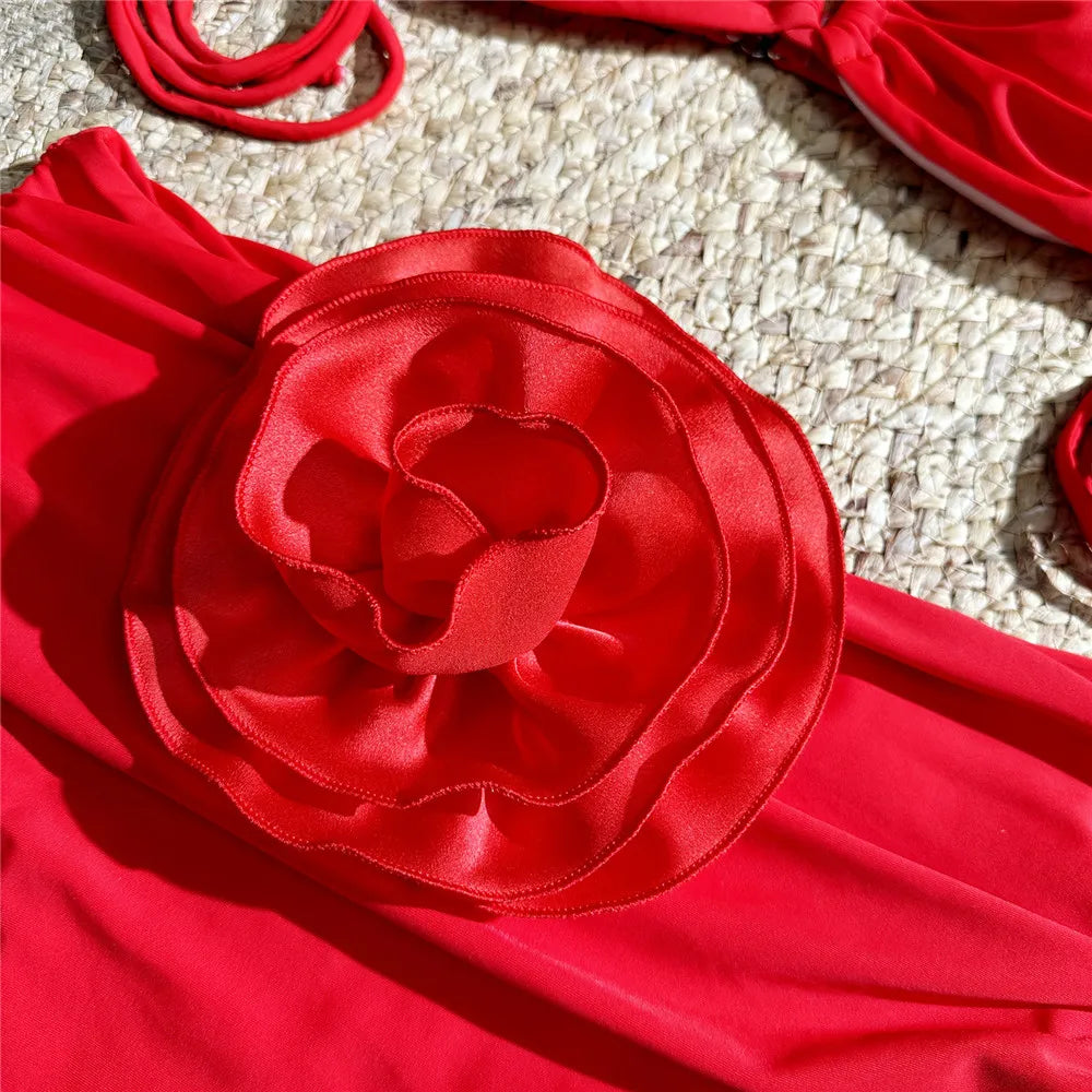 Sexy Red 3D Flower Swimwear Halter Bandeau Bikinis Sets High Wiast Swimsuit 2025 Women Ruched Bathing Suit Bikini Mujer Bather