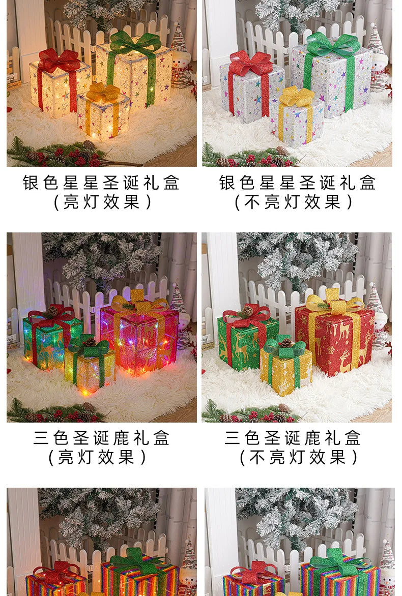 2025 Christmas Gift Box with LED Light String Warm Light Colored Light 3pcs Gift Box Christmas DIY Props Decoration Gift Boxs