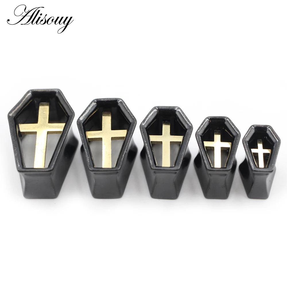 Alisouy 1PC Punk Alloy Casting Coffin Hexagon Cross Ear Tunnels Plugs Expander Stretcher Gauges Earrings Piercing Body Jewelry
