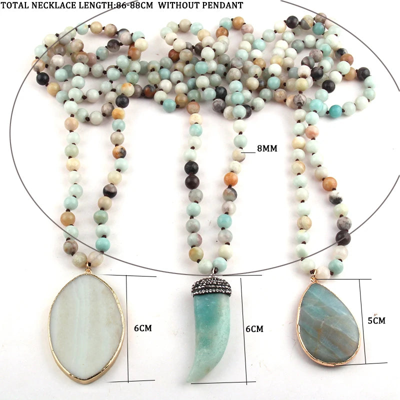 Fashion Bohemian Tribal Jewelry Amazonite Stones Long Knotted Stone Pendant Necklaces Women Ethnic Necklace