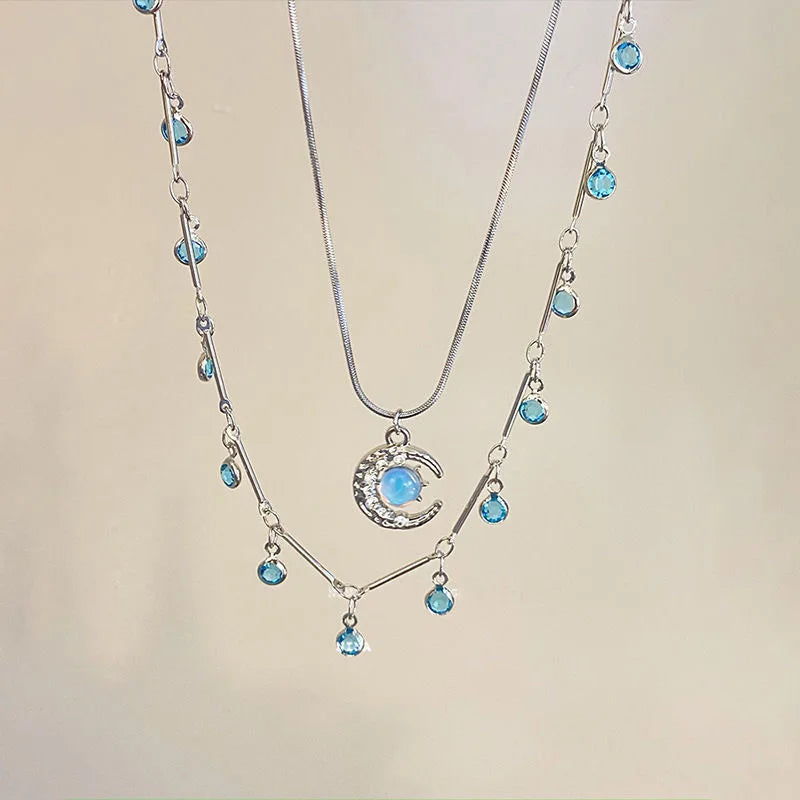 Double Layer Crystal Blue Moon Zircon Charm Square Pendant Necklace For Women Fashion Geometric Neck Chain Jewelry Gift