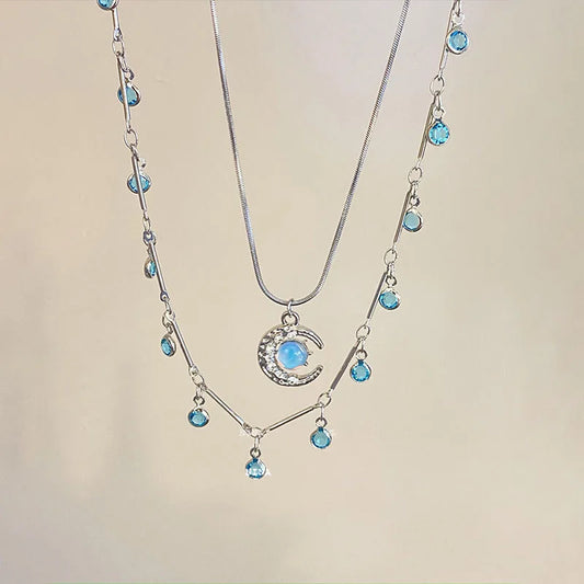 Double Layer Crystal Blue Moon Zircon Charm Square Pendant Necklace For Women Fashion Geometric Neck Chain Jewelry Gift