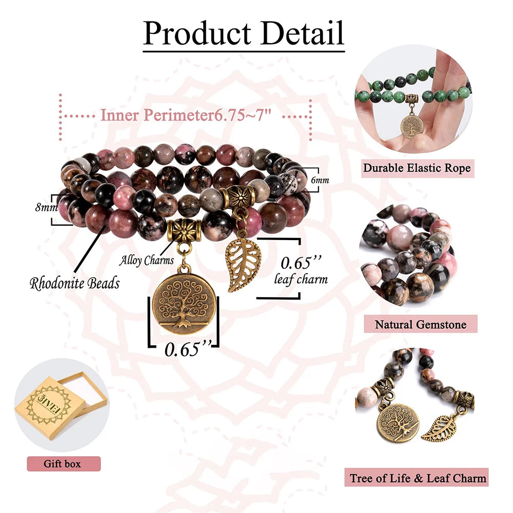 Natural Semi Precious Gemstone Beads Bracelet for Women Life Tree and Leaf Charm Energy Reiki Crystal Stretch Bracelets Jewelry